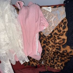 Lot Of 4 Tops Leopard Print Ruched V-Neck with Pink & Cream W 2 Layering Pieces